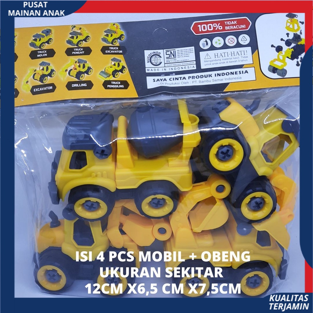 Mainan Edukatif Anak Mobil Bongkar Pasang 4pcs Bonus Obeng Diy Construction Car SNI Murah New Versi