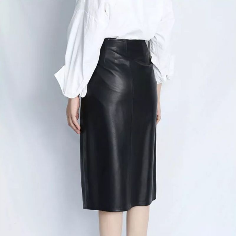 Rok Kulit Sintetis Rok Midi Wanita Leather Skirt Asimetris Model Pensil Wrap Body Streetwear Tali Pengikat