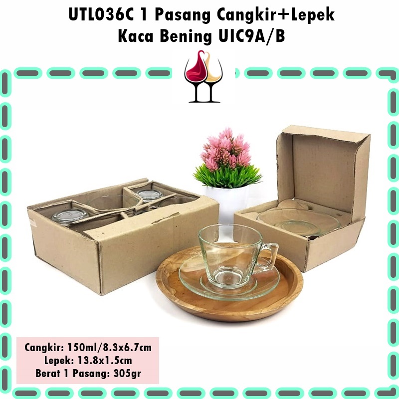 [1 Pasang] UTL036C Cangkir Lepek Kaca Bening UIC9A/B