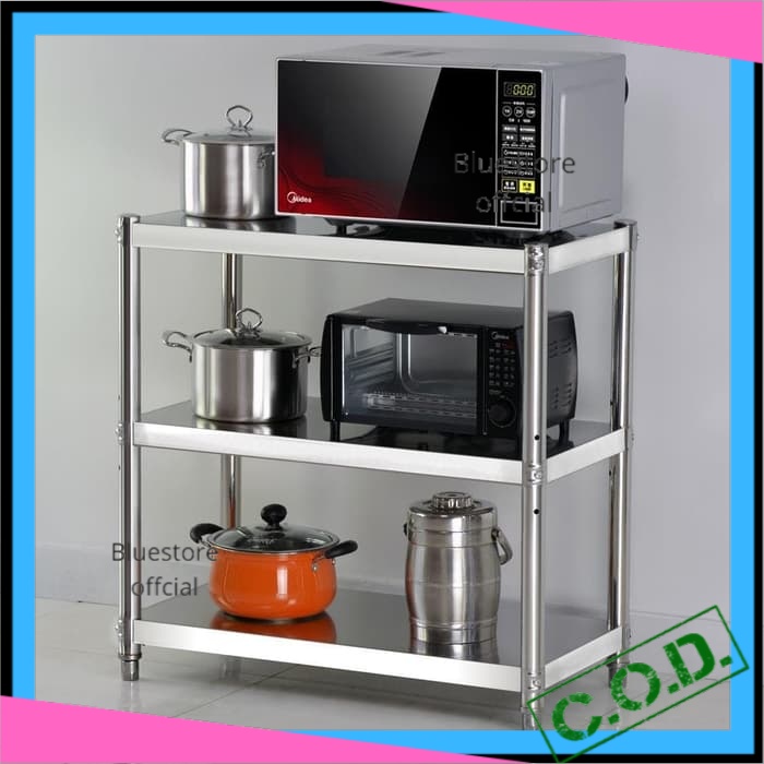 Rak Dapur Stainless Susun Anti Karat Portable Tempat Microwave Serbaguna Minimalis Alat Dapur Perala