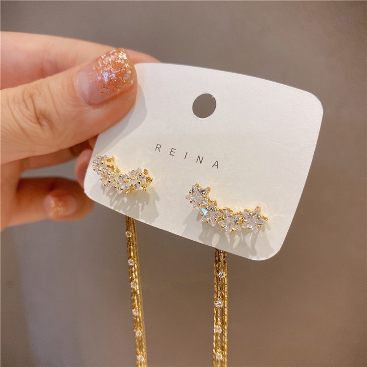 Anting Tusuk Gantung Panjang Sterling Silver 925 Desain Bintang Hias Berlian Gaya Elegan / Mewah Untuk Wanita