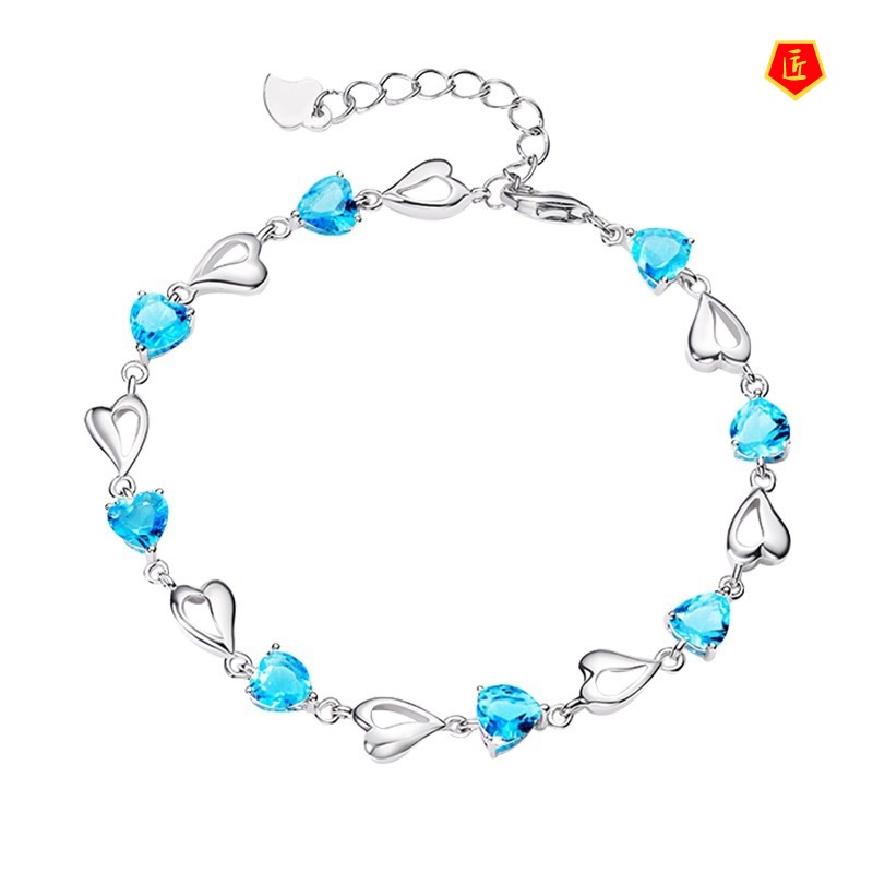 [Ready Stock]925 Silver Heart-Shaped Blue Crystal Bracelet Women's Simple