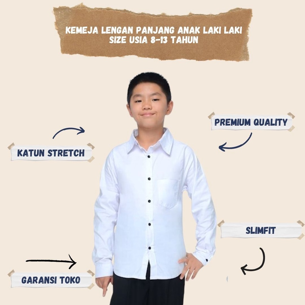 Laris Baju Kemeja Warna Putih Anak Laki Laki Umur 8 9 10 Usia 11 12 13 Tahun Lengan Panjang Polos Mo
