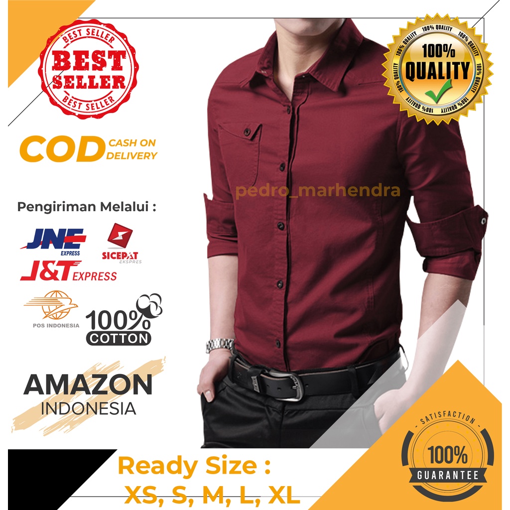 KEMEJA PRIA STYLE CASUAL PAKAIAN KANTOR COWOK LENGAN PANJANG WARNA MAROON BAHAN KAIN KATUN HALUS ORIGINAL