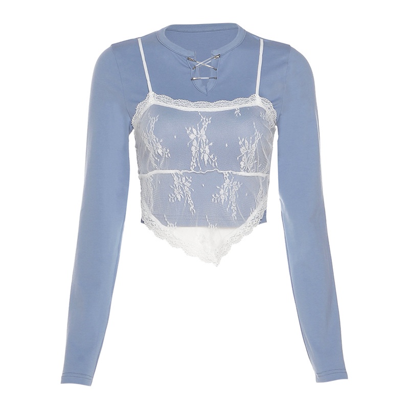 #Sisjuly# French salt girl cute lace stitching slim lengan panjang T-shirt bottoming shirt wanita