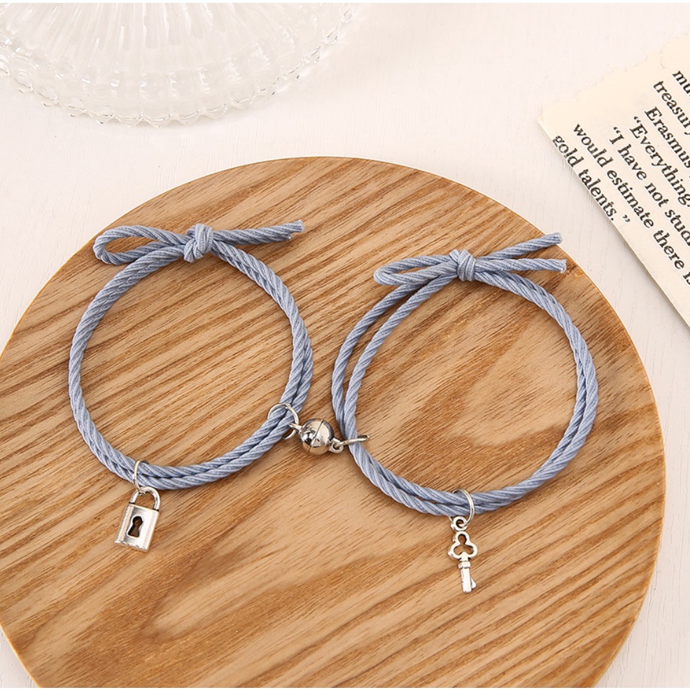 1Set Gelang Couple SAHABAT Tali Impor Gembok Kunci Slim Lock Sea Gaya Punk HipHop Korea Fashion Magnet Best Friend