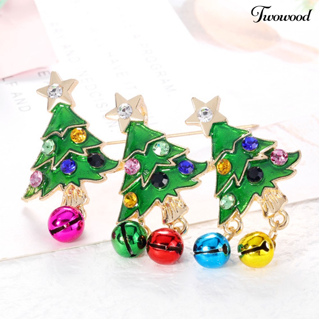 Twowood Christmas Tree Shape Brooch Pin Rhinestone Alloy Colorful Bells Pendant Enamel Pin Friends Gift