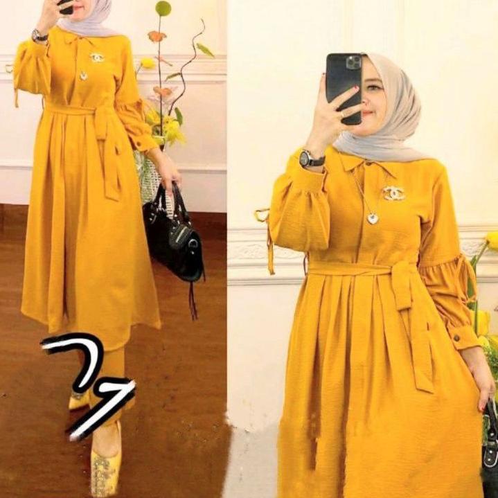 Chekout Setelan tunik kekinian/one set tunik/long tunik wanita/setelan polos/baju