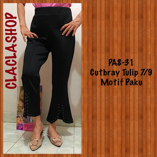 Celana Cutbray Tulip 7/9 Paku Belah Depan|Pants 7/9 Cutbray Scuba Hitam|Bawahan Cutbray Import Cewek