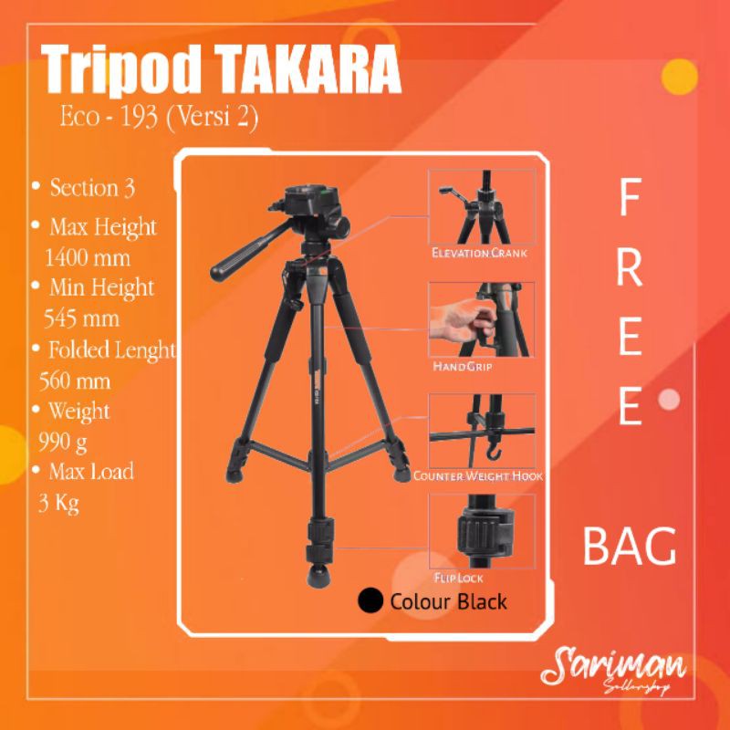 Takara ECO-193A Lightweight Travel Tripod Free Bag for DSLR Mirrorless ECO 193A