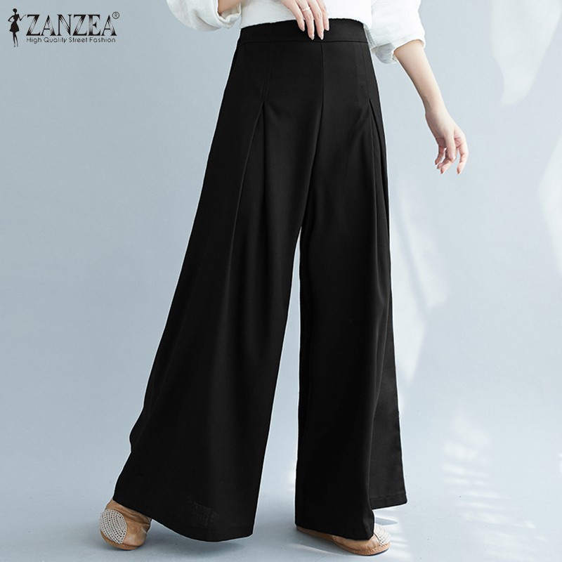 ZANZEA Women Elastic Waist Wide Leg Loose Casual Long Pants