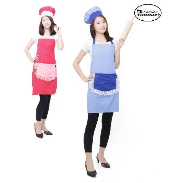 Celemek apron kantong renda &amp; topi koki Celemek wanita Dewasa