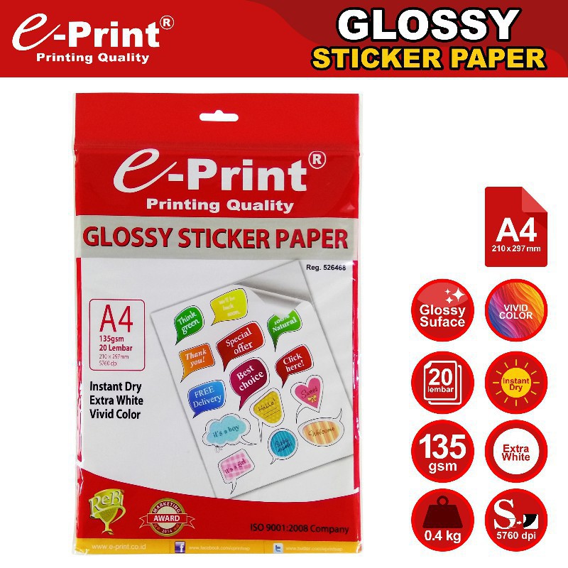 

KERTAS STICKER FOTO GLOSSY EPRINT A4 135GSM ISI 20 LEMBAR