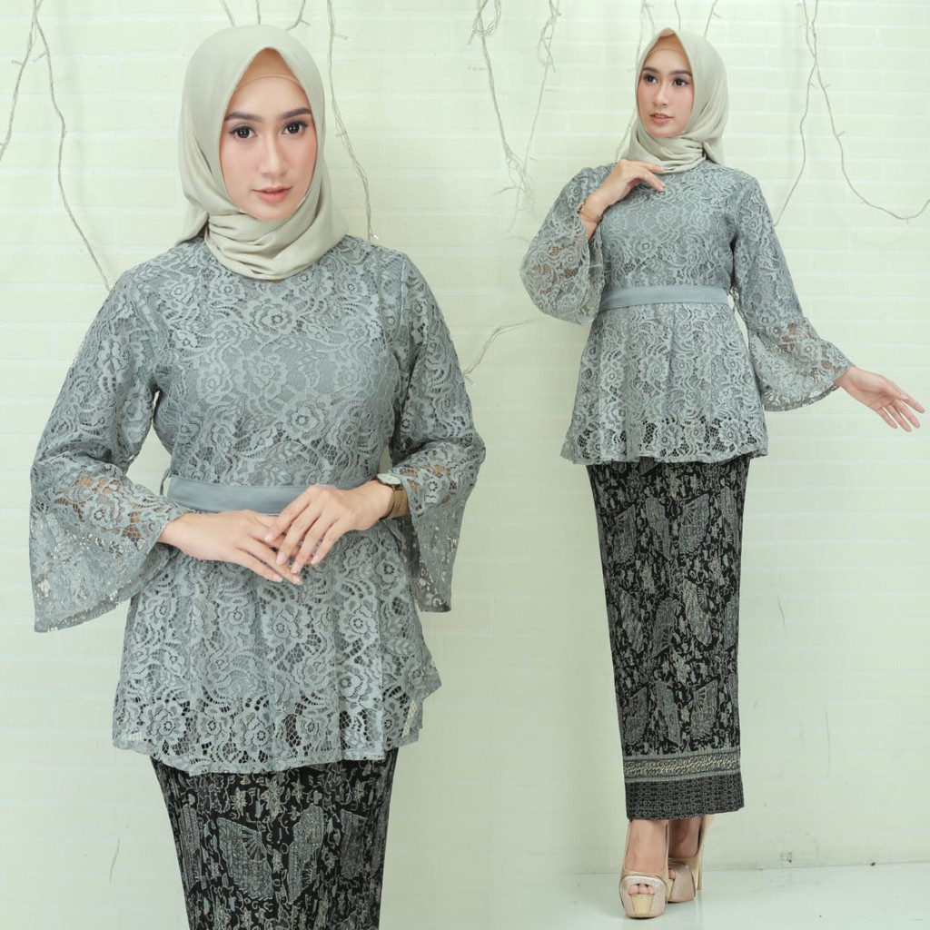 Kebaya Modern Brokat Setelan Rok Plisket Abu dan Lainya