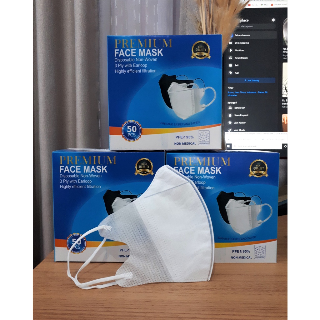 Masker Duckbill 3 Ply Isi 50/Box Masker Dukbil Garis Hitam Putih Earloop Like Sensi