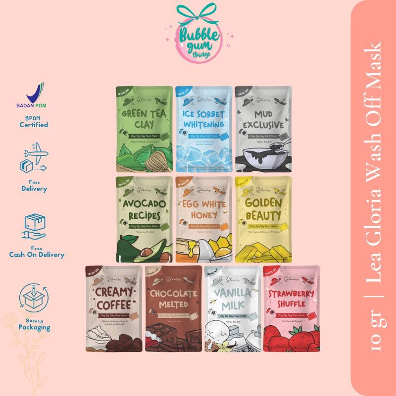 10 Pcs PAKET MASKER LEA GLORIA SET LENGKAP TERMURAH 10 gram BPOM kuas masker masker organik masker satuan