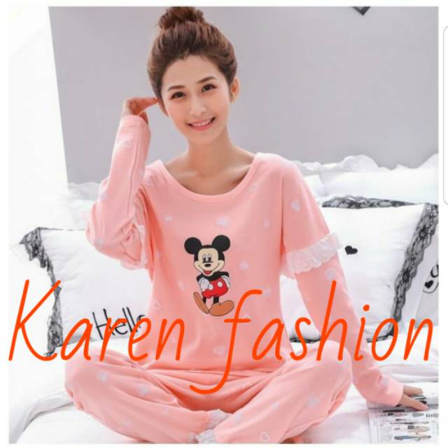 Baju tidur piyama kaos setelan panjang wanita dewasa cewek import LITTLE MICKEY LOVE