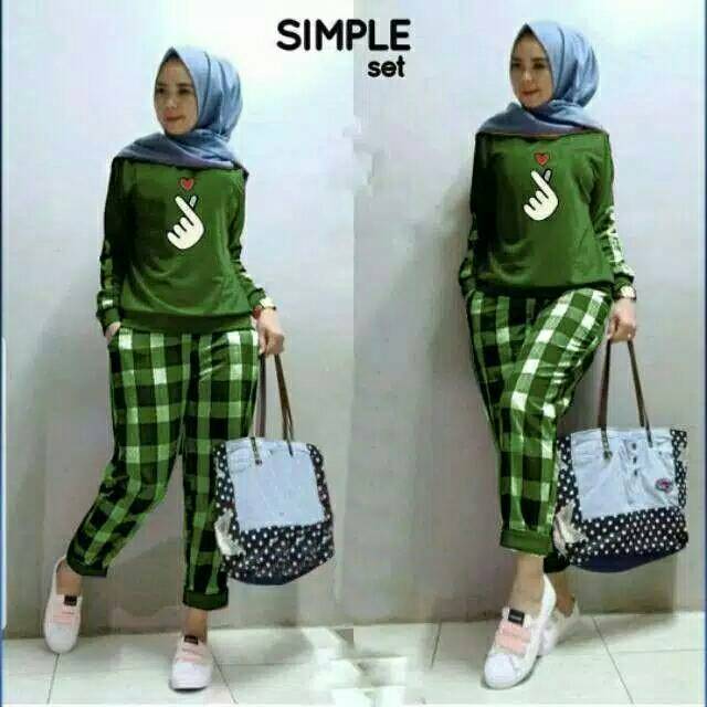 SET CELANA SIMPLE SARANGSIM KOTAK, BABYTERRY, GAMIS HIJAB MUSLIM, SETELAN