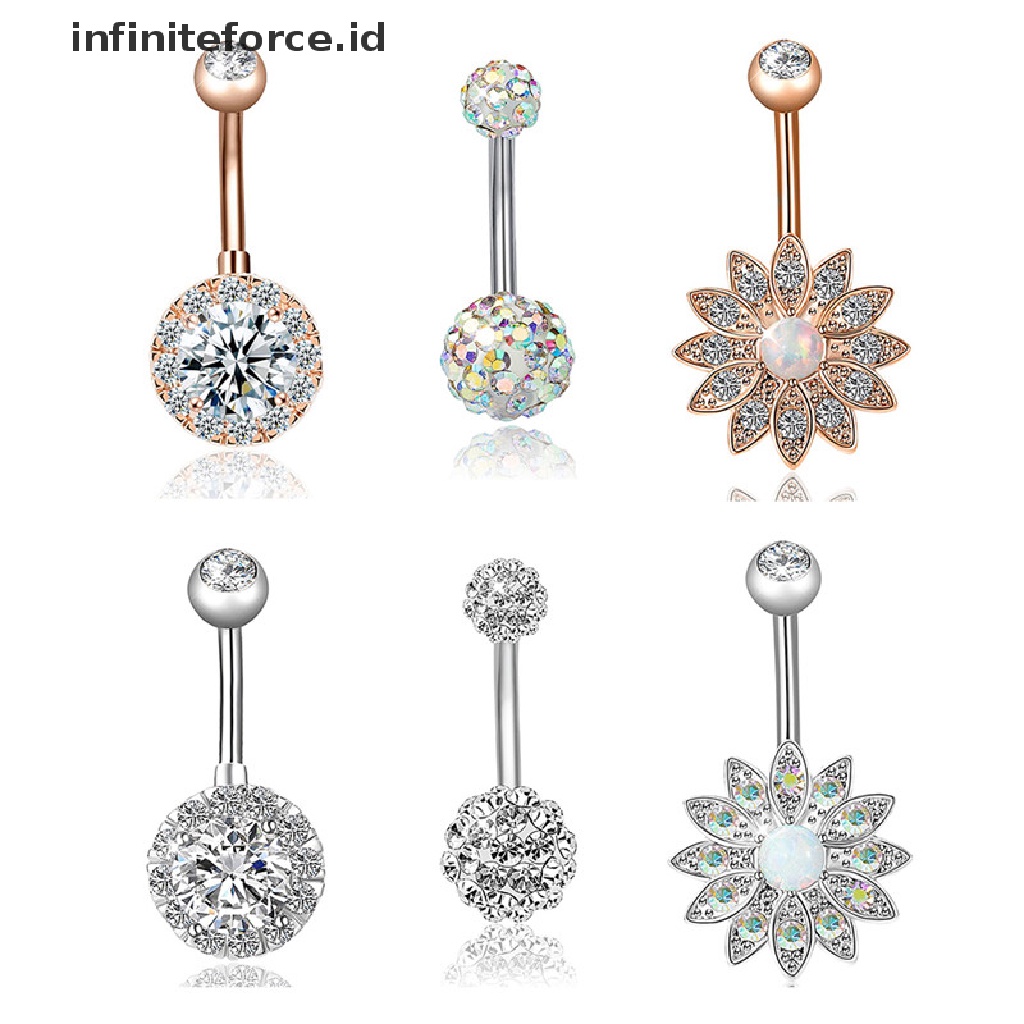 Infiniteforce.id 3pcs / Set Cincin Tindik Perut / Pusar Bahan Stainless Steel Hias Kristal Opal Untuk Wanita