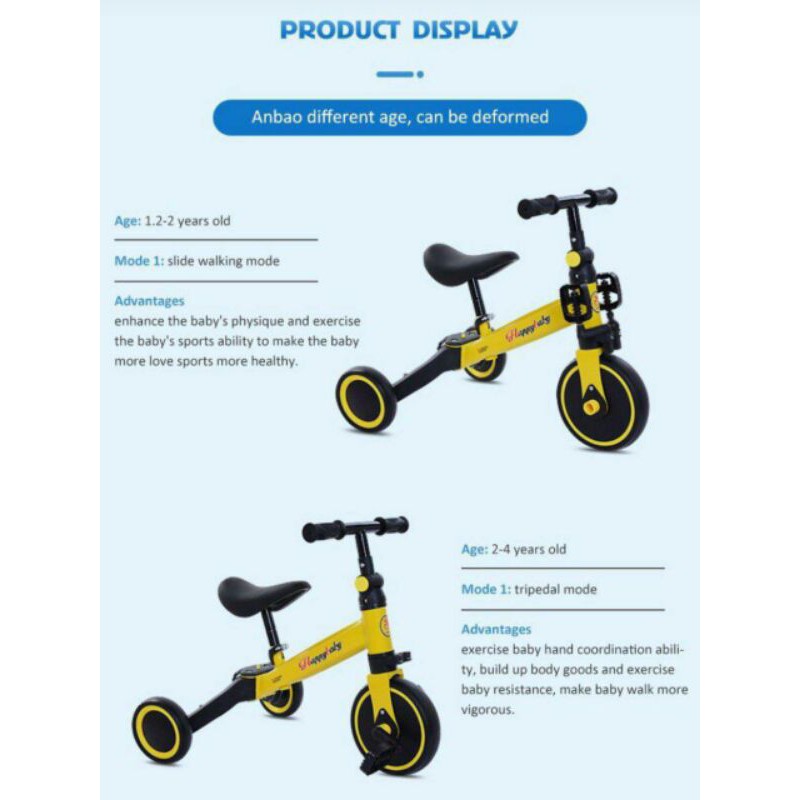 Sepeda Anak Balance Bike Happy Baby 3 in 1 Stang Kokoh Kuat plus handle dorongan up