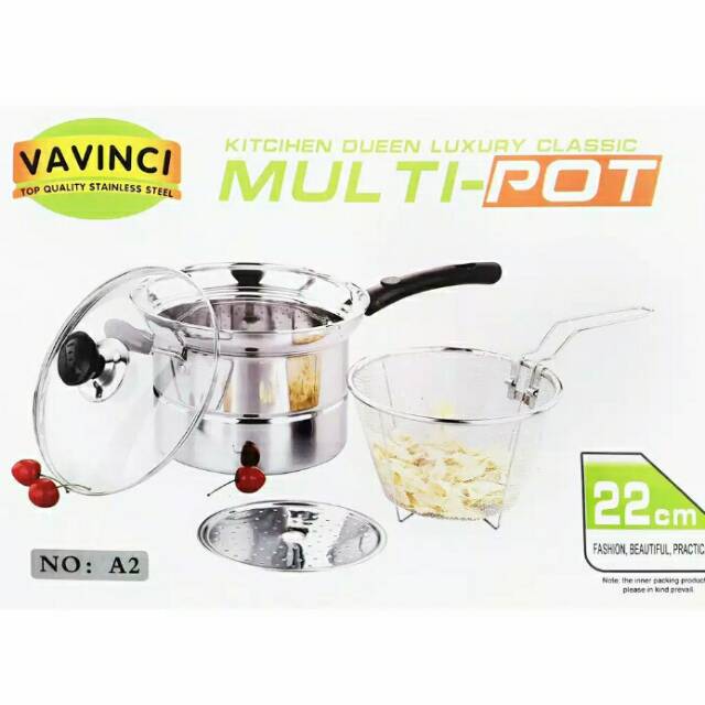 VAVINCI Panci Multifungsi 22 CM Multi Pot Goreng Rebus Kukus Steamer & Fryer 2 in 1 1.140g