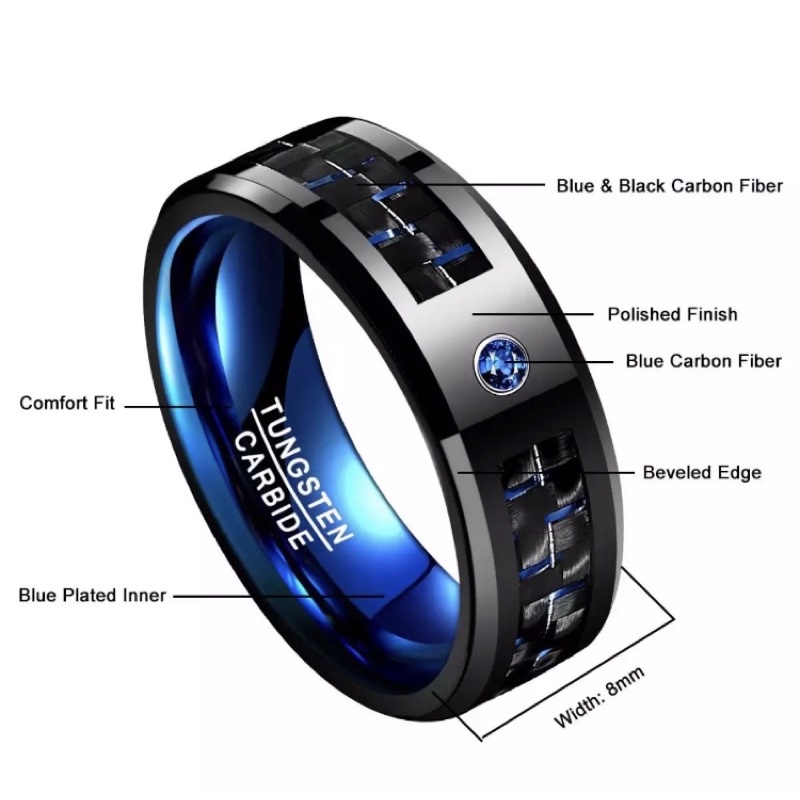 Cincin Pria Tungsten Carbide Blue Carbon Ceramic Fiber Zirconia Original Premium Quality