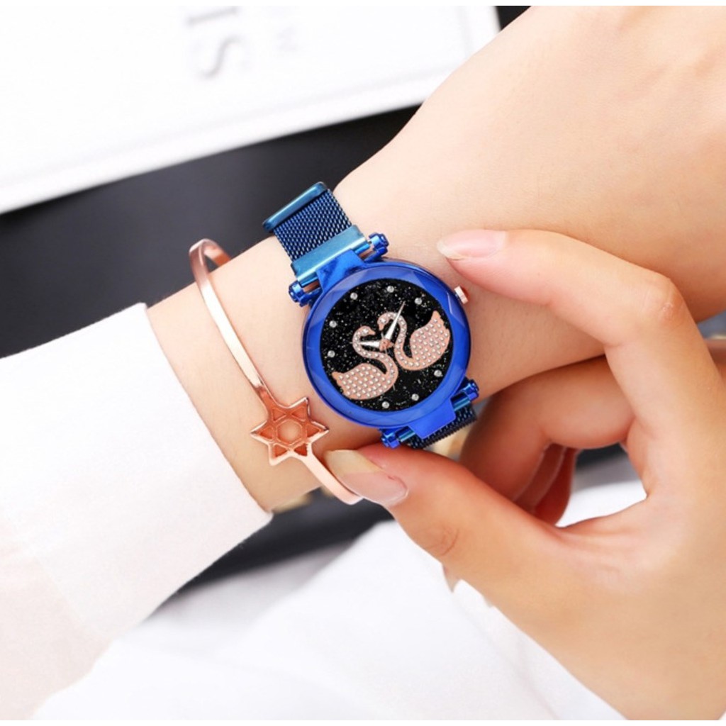 Jam Tangan Magnet Angsa TWO SWAN + FREE BOX &amp; BATERE CADANGAN Korea Fashion Women's Wrist Mesh Watch