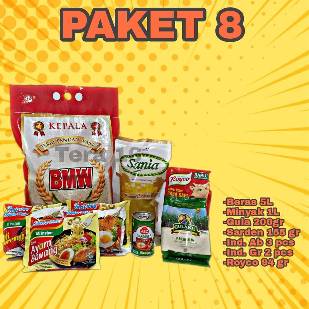

paket 8 beras minyak gula indomie sarden royco