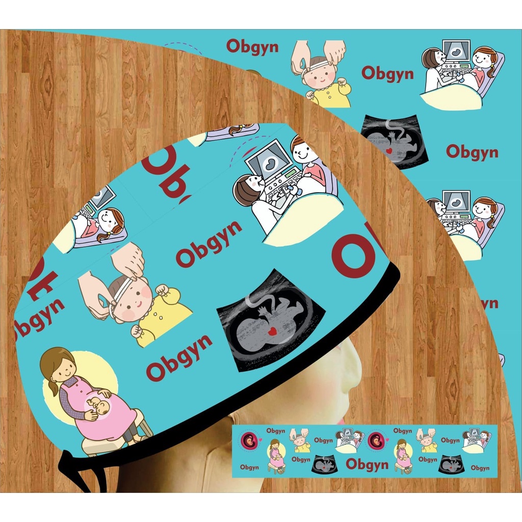 Topi Dokter/ Head Cap & Masker Printing Motif Obgyn