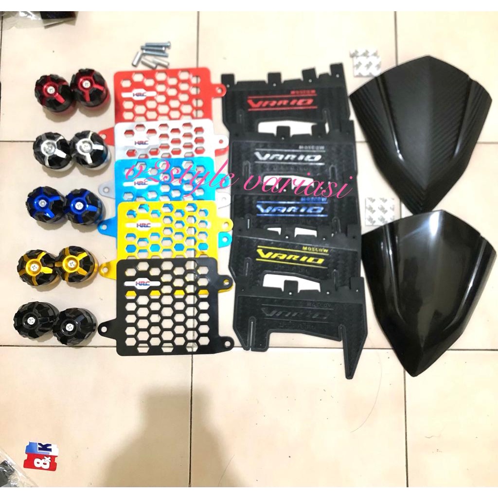 PAKET AKSESORIS 4IN1 VISOR VARIO 125 150 free lem 3m TUTUP COVER RADIATOR VARIO 125 150 LED ESP MUDFLAP VARIO 125 150 2015 2016 2017 2018 2019 JALU AS RODA FULL CNC JUMBO BESAR JALU NAGA WINSIL VARIO BETOK VARIO KARET PELINDUNG MESIN DINAMO THAILAND ORI