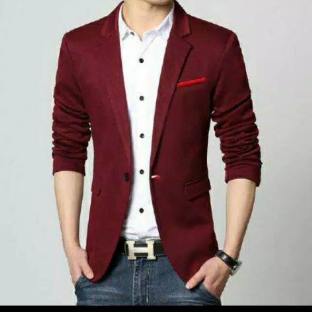 Blazer pria maroon blazer santai jas kantor