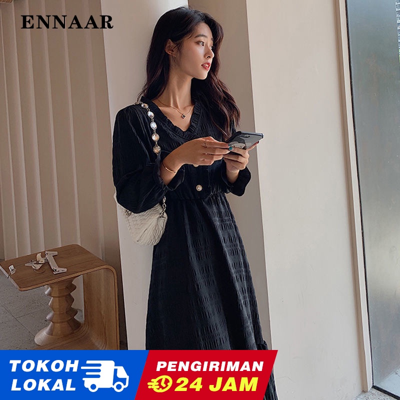 TOKO LOKAL ️✨Ennaar Lengan Panjang Chiffon Longgar Renda Polos Midi Dress Elegan