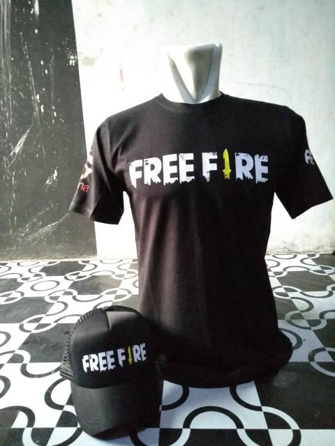 Paket kaos dan topi FREE FIRE sablon dua sisi full sablon combed 30s kaos standart distro