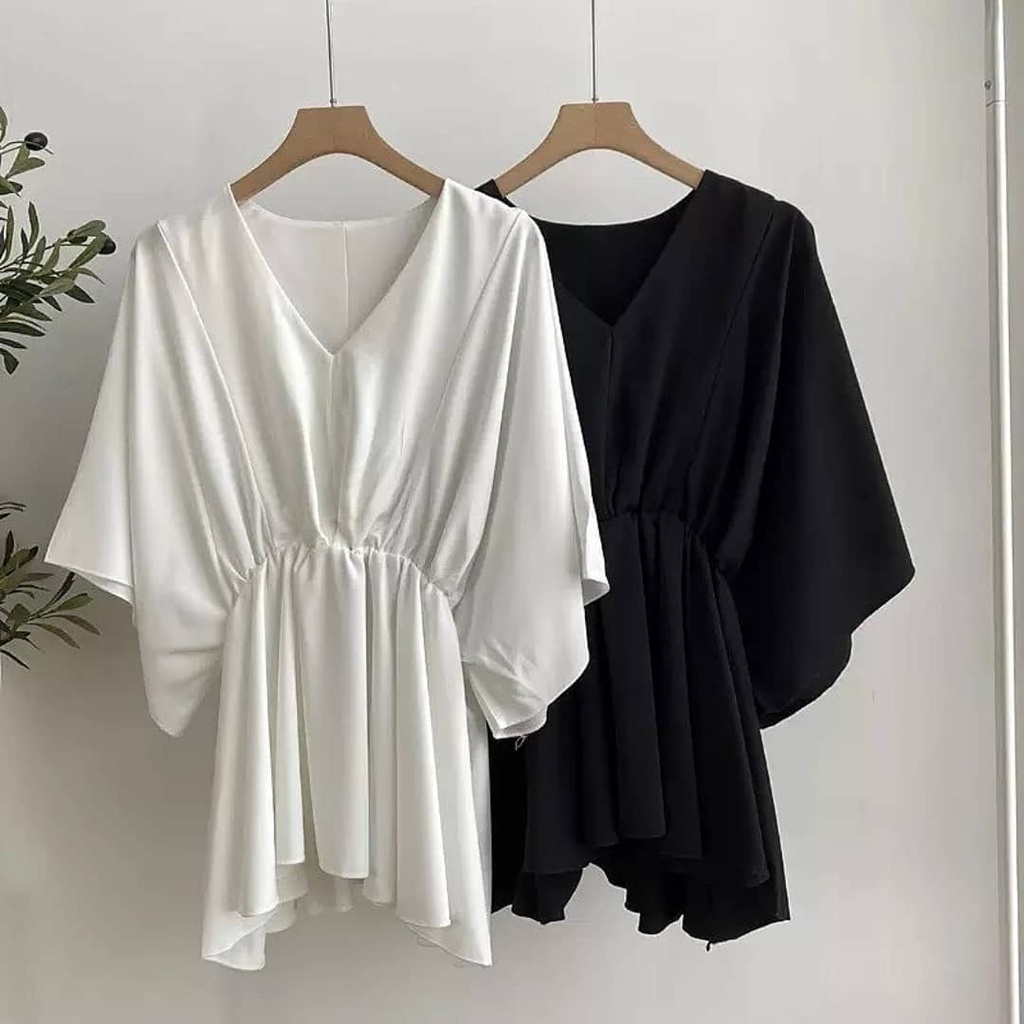Top Blouse Wanita Polos Jumbo Lengan Kalong Atasan Wanita Terbaru Kerut Pinggang Nami Batwing