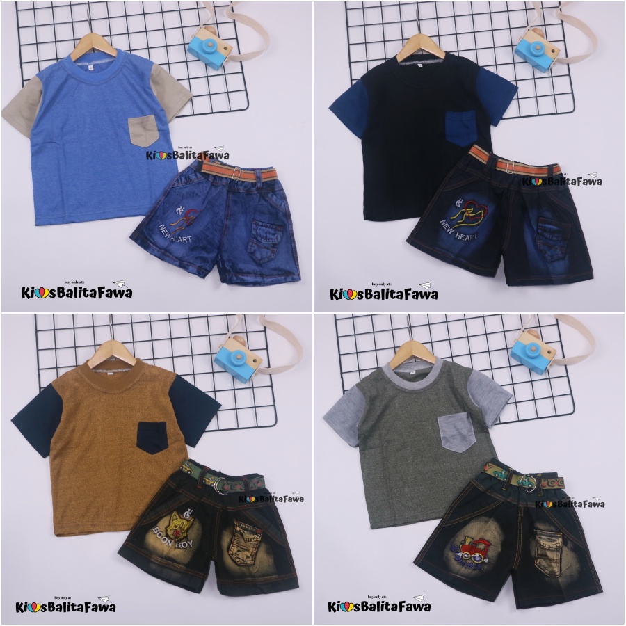 Setelan John Ethes uk Bayi-6 Tahun / Baju Anak Laki-Laki Lengan Pendek Celana Jeans Set Oblong Kantong