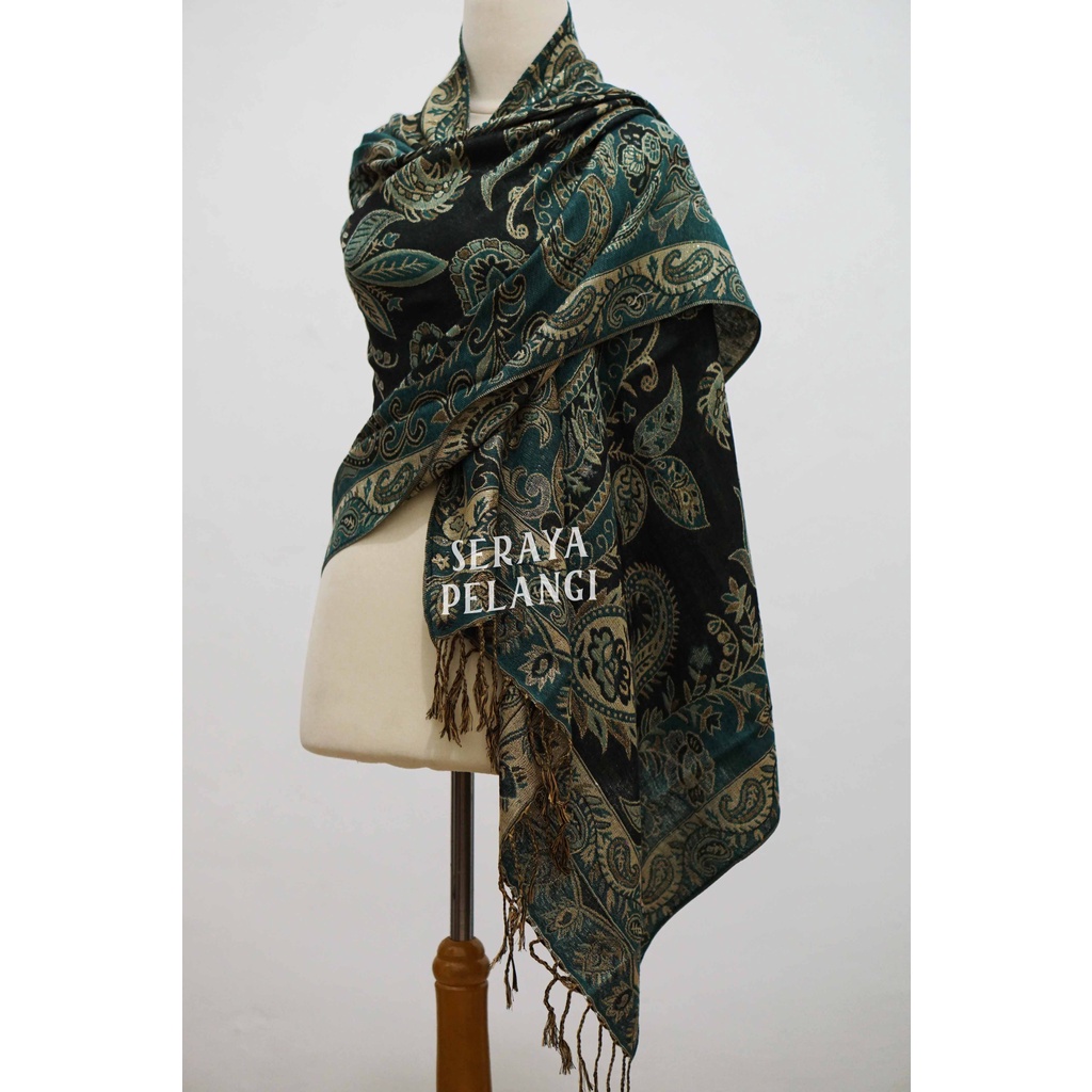 Pashmina Cashmere Metalik 17 | Motif Keong/Daun | Selendang | Scarf | Syal | Shawl | Pasmina | Souvenir | Hadiah Ulang Tahun | Birthday Gift | Aksesoris Fashion Wanita | Import Quality | Grosir Murah | Benang Emas Perak | Gold Silver Thread