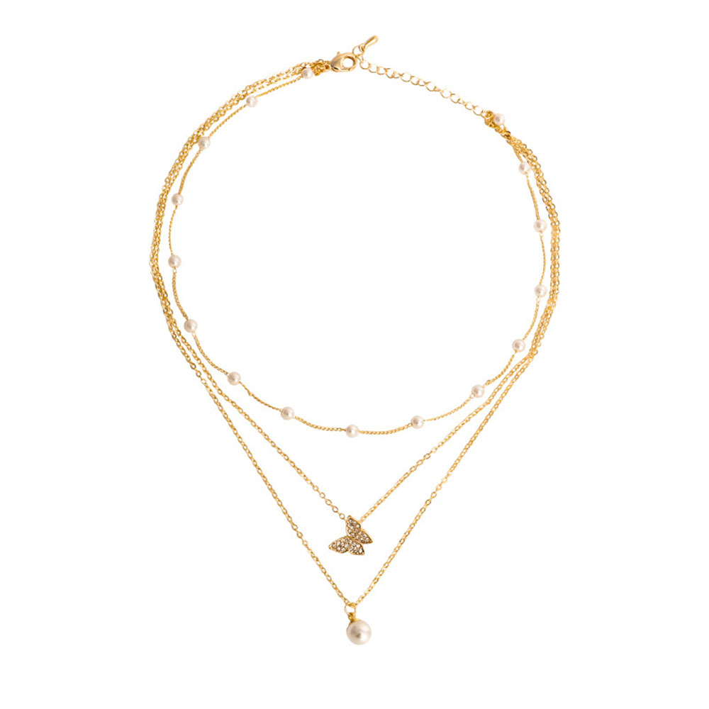 【COD Tangding】Three-layer Chain Butterfly Pearl Pendant Necklace Ins Clavicle Chain Fashion Accessories Jewelry