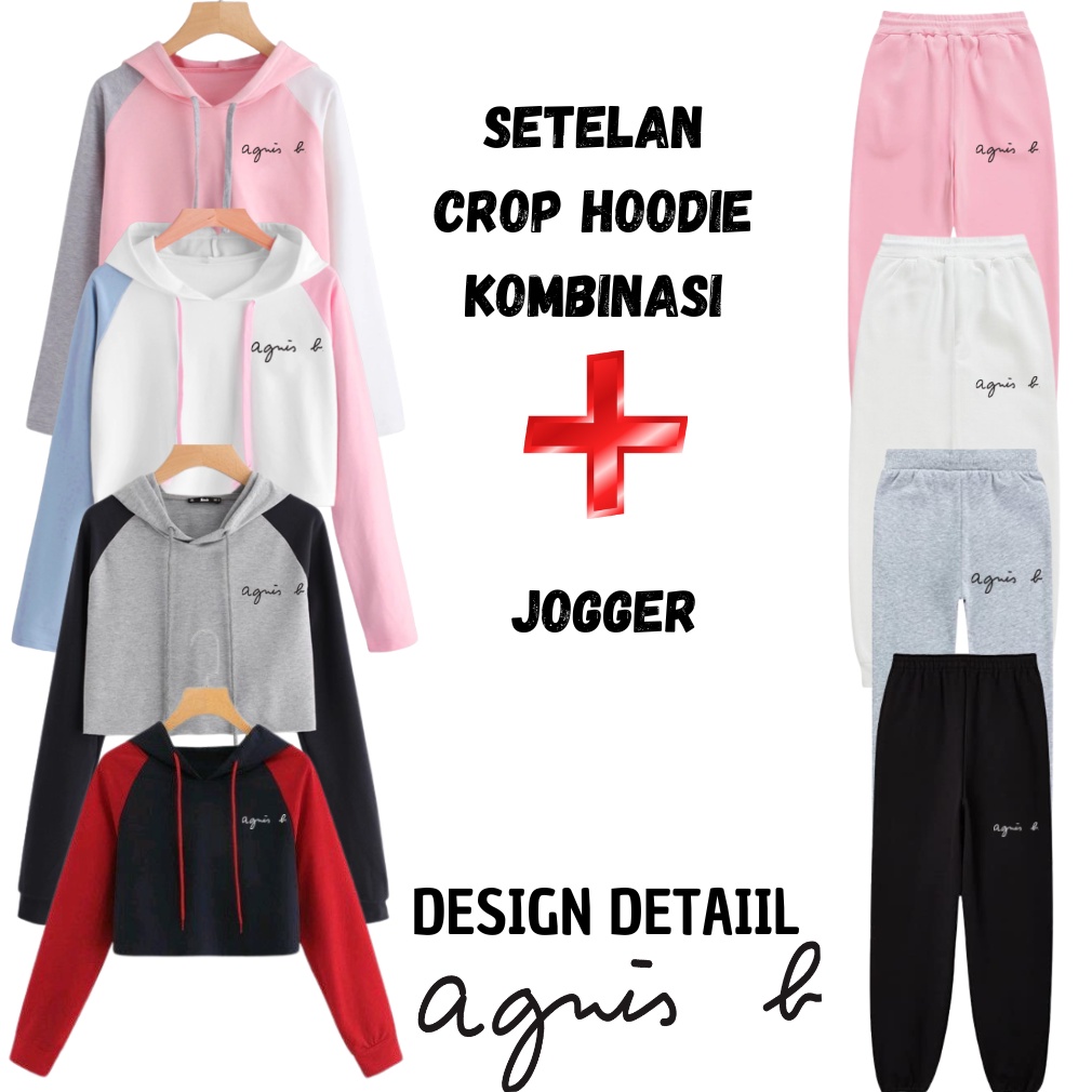 JBF Setelan Anak Remaja Perempuan Sweater Crop Hoodie Kombinasi Aguis Warna Dan Celana Jogger