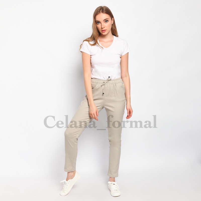 CHINO PANTS WANITA PINGGANG KARET SLIM KATUN TWILL | CHINO WANITA/CHINOS WANITA/CELANA CASUAL WANITA (BAGGY PANTS )