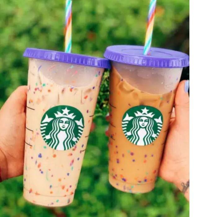 Starbucks Confetti Cup Reusable Color Changing Rainbow Cup Cold Cup with Straw