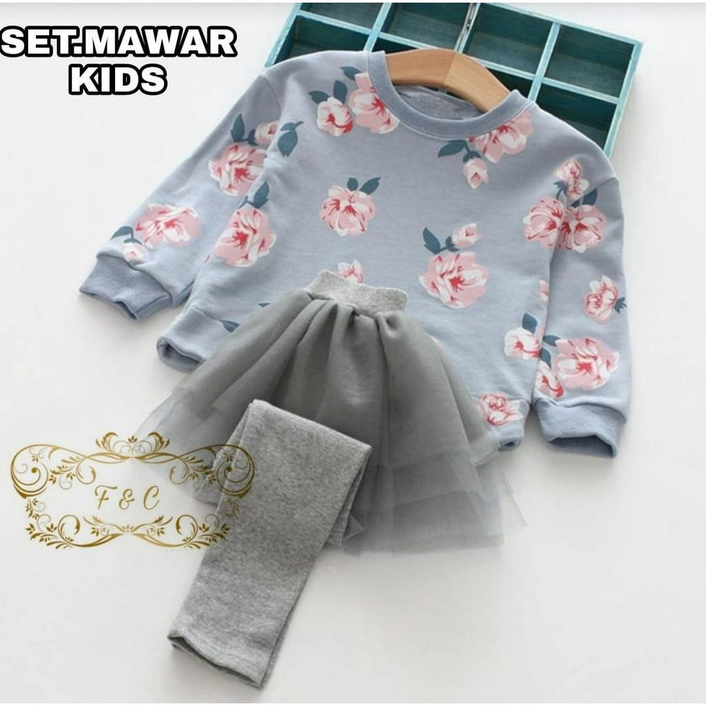 PCS SET MAWAR KIDS FASHION PAKAIAN ANAK PEREMPUAN SETELAN ATASAN DAN CELANA BAHAN BABYTERRY FE