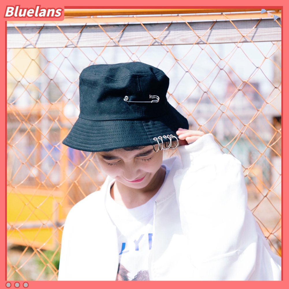 bluelans♘ Topi Bucket Fisherman Lipat Aksen Peniti+Cincin Besi untuk Outdoor