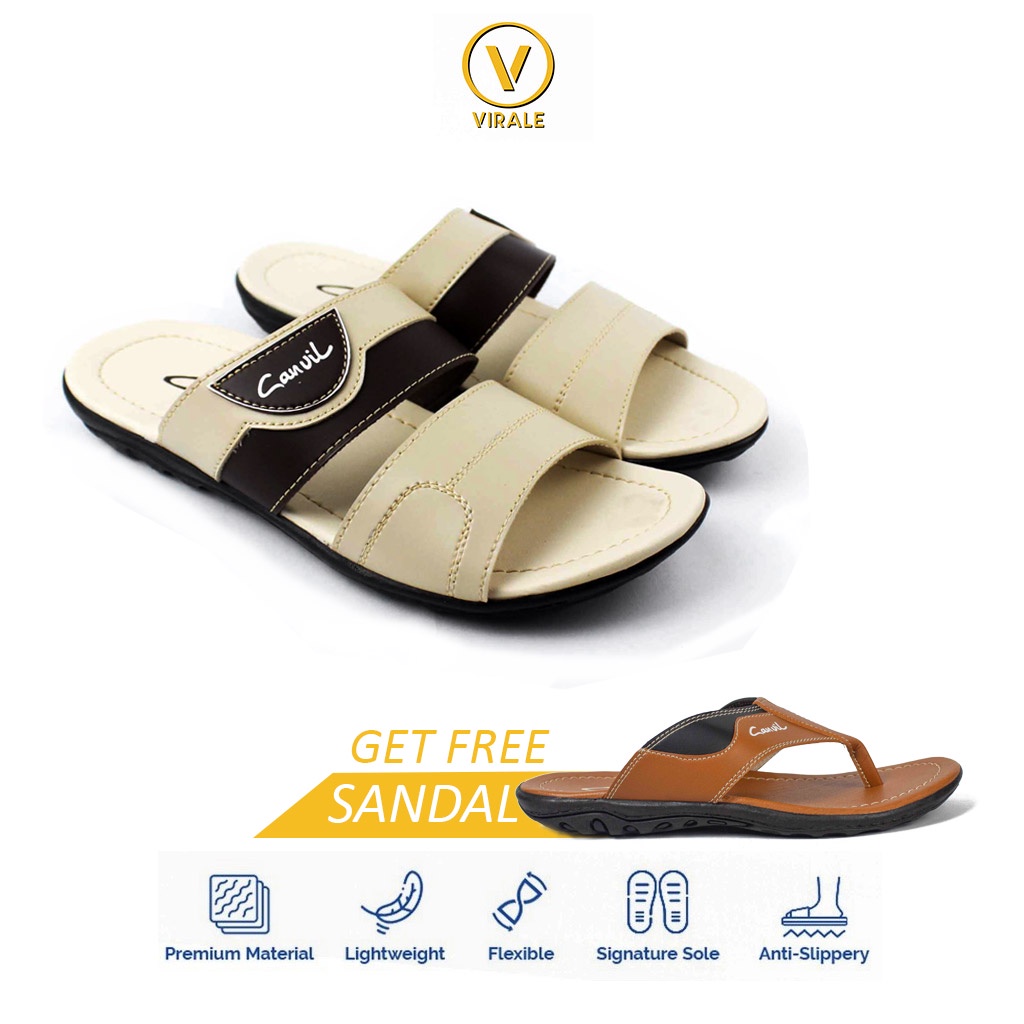 Sandal Selop Pria Distro Casual Murah Original GRATIS Sendal Jepit Pria Keren CVL 11 - CVL 01 TAN