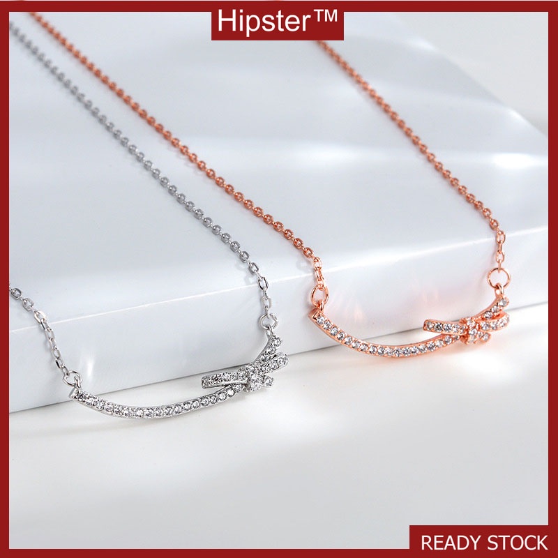 INS Style Minimalist Creative Design Full Diamond Smile Thin Bow Pendant Necklace