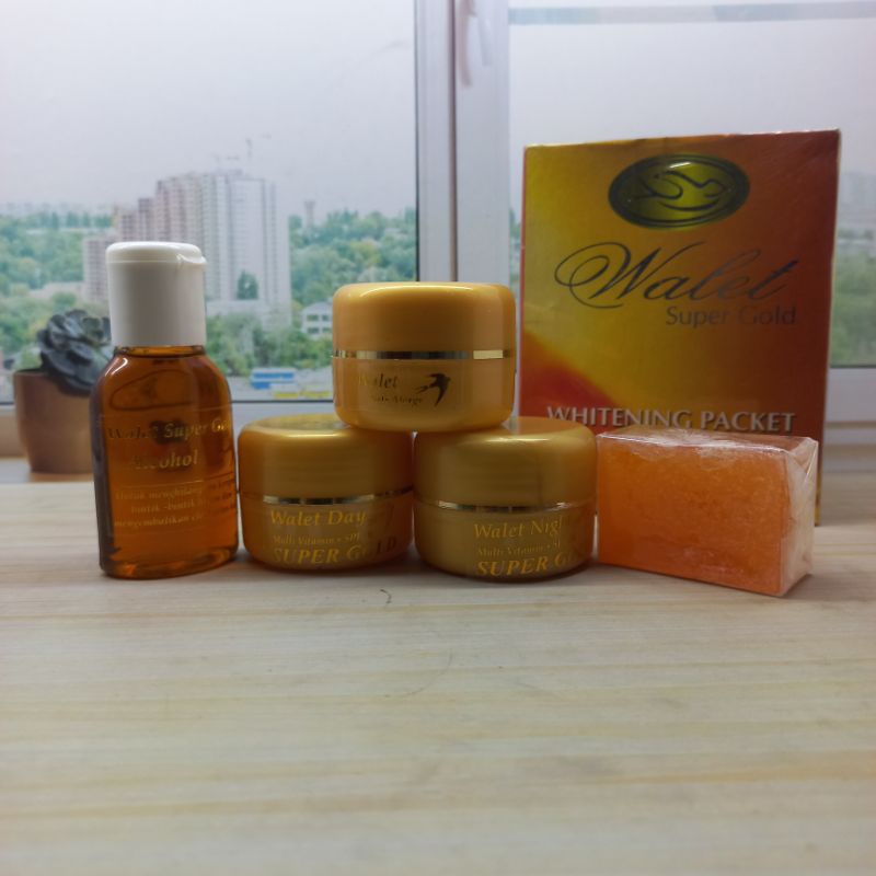 PAKET WALET SUPER GOLD WHITENING | SABUN+TONER+CREAM ANTI ALERGI + CREAM SIANG +CREAM MALAM