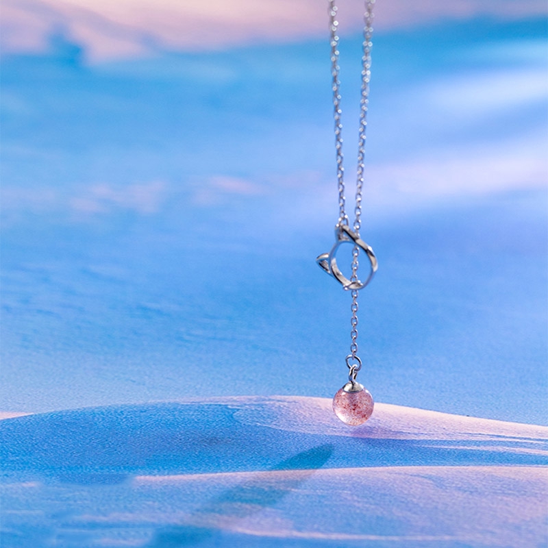 Kalung Liontin Necklace Cute Hollow Cat Pink Crystal Bead Choker Neclaces Women Girls Jewelry