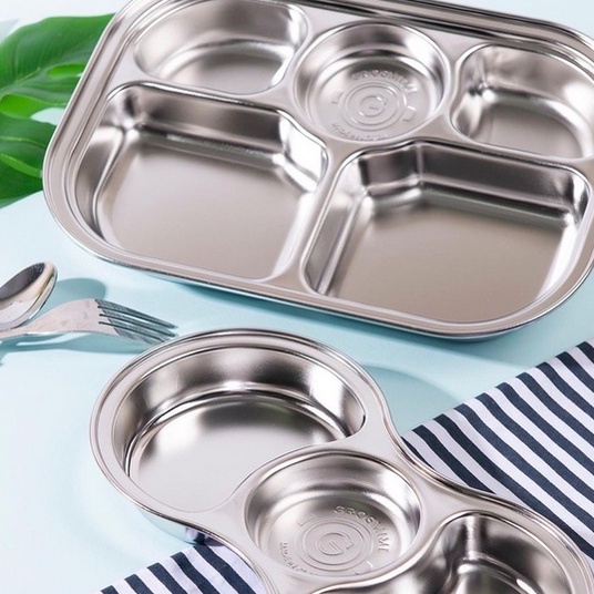 Grosmimi Stainless Food Tray 3 &amp; 5 Section with Lid piring makan 3 sekat dan 5 sekat baby toddler piring makan stainless