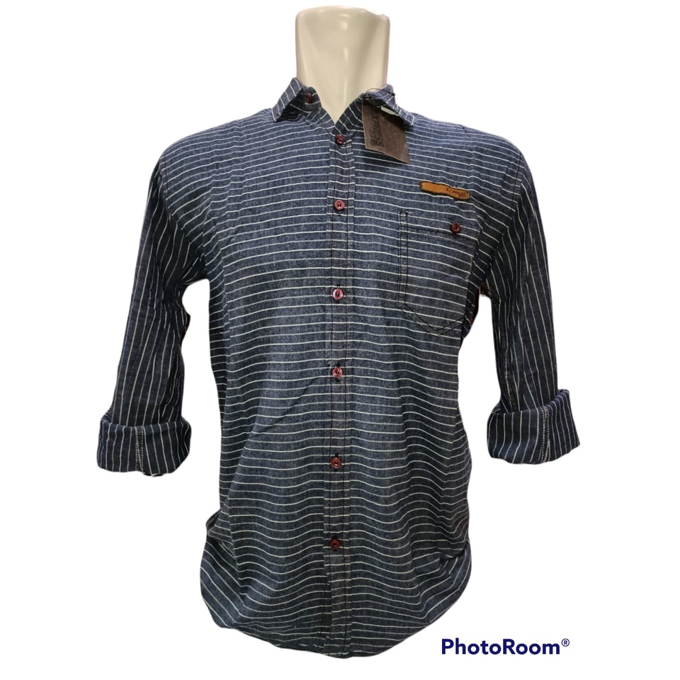 Baju Kemeja Panjang Hem Jeans Denim EXPRESS Salur Garis Polos Shirt Premium Distro Pria Remaja Dewas