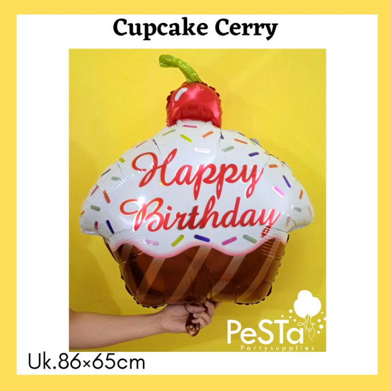 Balon Foil Cupcake Cerry/Cupcake HappyBirthday/Balon jumbo