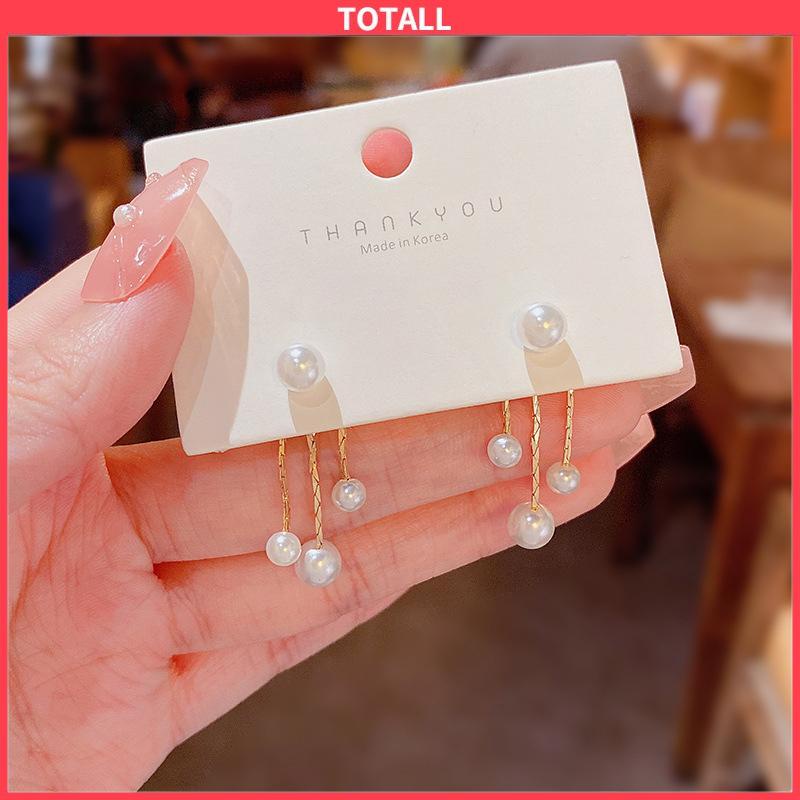 COD Pearl Back Hanging Silver Needle Earrings Temperamen All-Match Anting Wanita Halus-Totall